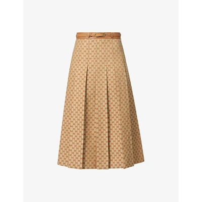 Shop Gucci Women's Beige/mix Logo-print High-waist Linen-blend Midi Skirt