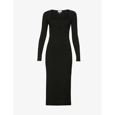 Shop Ganni Womens Black Square-neckline Stretch-knit Midi Dress M