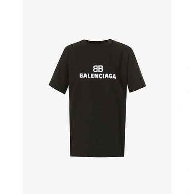 Shop Balenciaga Womens Black Wht Branded Cotton-jersey T-shirt M