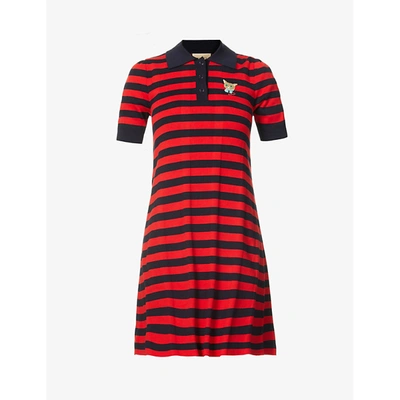 Shop Gucci Womens Blue/red Striped Polo-collar Cotton-knit Mini Dress