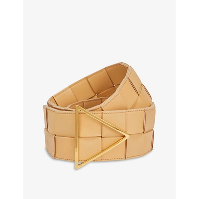 Shop Bottega Veneta Womens Almond Gold Triangular-buckle Intrecciato Leather Belt 26