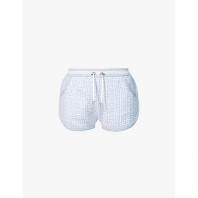 Shop Balmain Womens Blanc/bleu Pale Monogram-print High-rise Wool-blend Jacquard Shorts 8