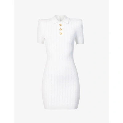 Shop Balmain Womens Blanc Polo-collar Fitted Knitted Mini Dress 12
