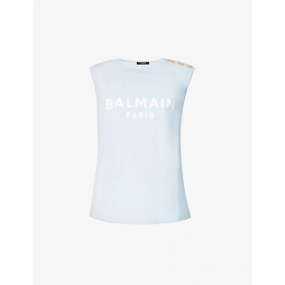 Shop Balmain Womens Bleu Pale/blanc Logo-print Button-embellished Cotton-jersey Top L