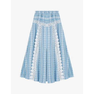 Shop Maje Womens Light Blue Javiana Broderie Anglaise Cotton Midi Skirt 6