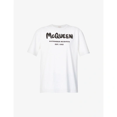 Shop Alexander Mcqueen Womens White / Black Logo-print Cotton-jersey T-shirt 16