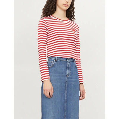 Shop Comme Des Garçons Play Heart Patch Striped Cotton-jersey Top In Red/white