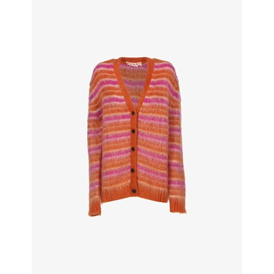 Shop Marni Striped Mohair-blend Cardigan In Lobster