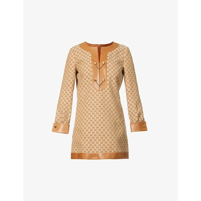 Shop Gucci Womens Beige/mix Brand-pattern Round-neck Linen-blend Mini Dress