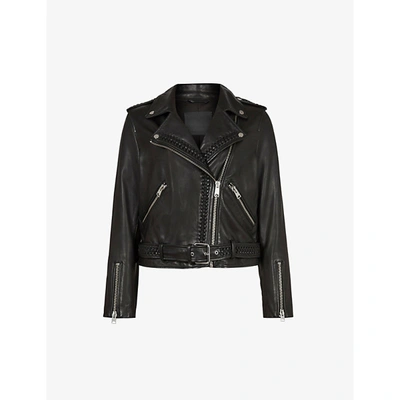 Shop Allsaints Womens Black Braided Leather Biker Jacket 2