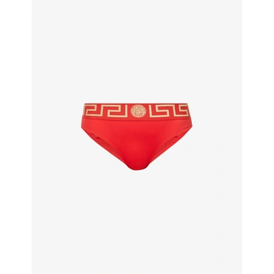 Shop Versace Greca Border Mid-rise Bikini Bottoms In Red