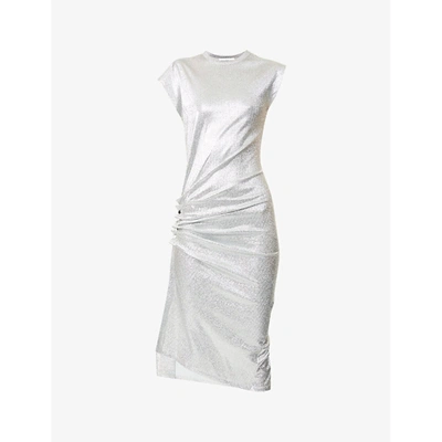 Shop Paco Rabanne Ruched Stretch-woven Midi Dress In Silver