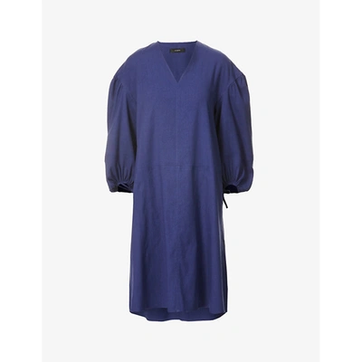 Shop Joseph Womens Cobalt Blue Duna Puff-sleeved Linen-blend Midi Dress 12