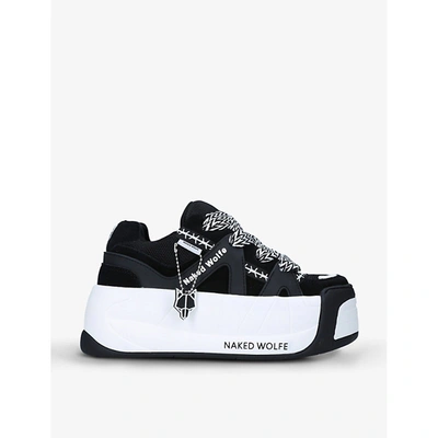 Shop Naked Wolfe Women's Black Slider Leather, Suede And Mesh Platform Trainers