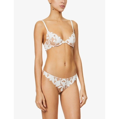 Shop Fleur Du Mal Lily Embroidered Mesh And Satin Plunge Bra In Ivory