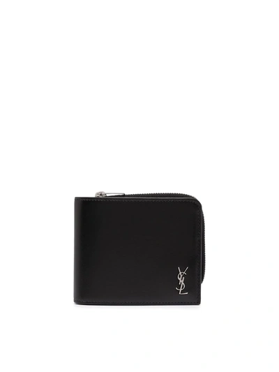 Shop Saint Laurent Ysl Plaque Zip-around Wallet In Black