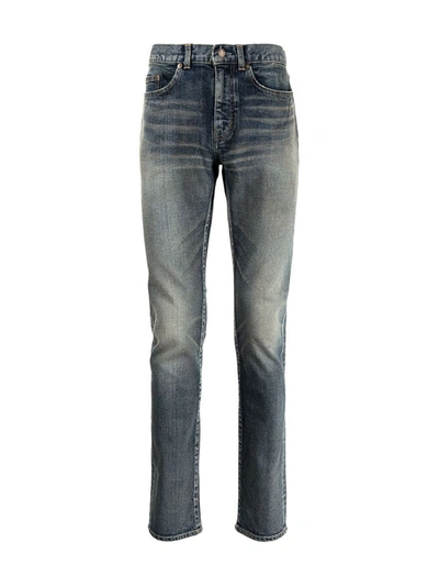 Shop Saint Laurent Whiskered Skinny Jeans In Blue