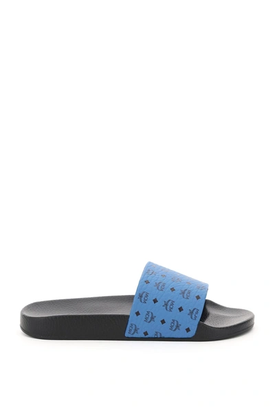 Mcm Logo Leather Pool Slide Sandals In Blue,black