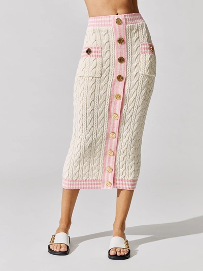 Shop Balmain High Waisted Buttoned Cable-knit Midi Skirt In Gbf Ecru,rose