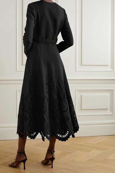 Shop Valentino Broderie Anglaise-trimmed Wool And Silk-blend Crepe Dress In Black