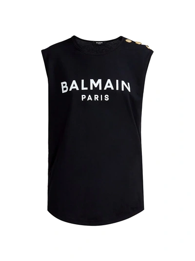 Shop Balmain Shoulder Button Flocked Logo Tank Top In Noir Blanc