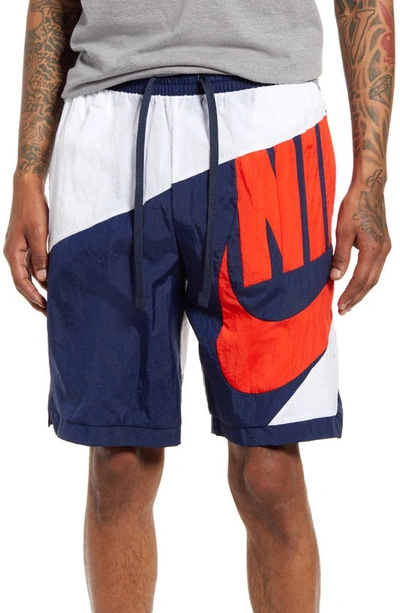 Shop Nike Dri-fit Throwback Futura Nylon Athletic Shorts In White/ College Navy/ Chile Red