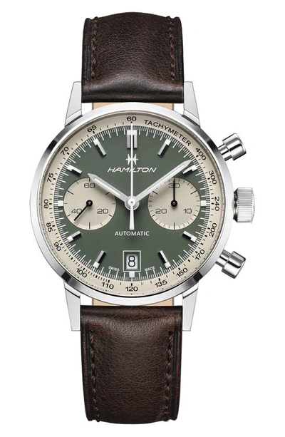 Shop Hamilton American Classic Intra-matic Chronograph Leather Strap Watch, 40mm In Brown