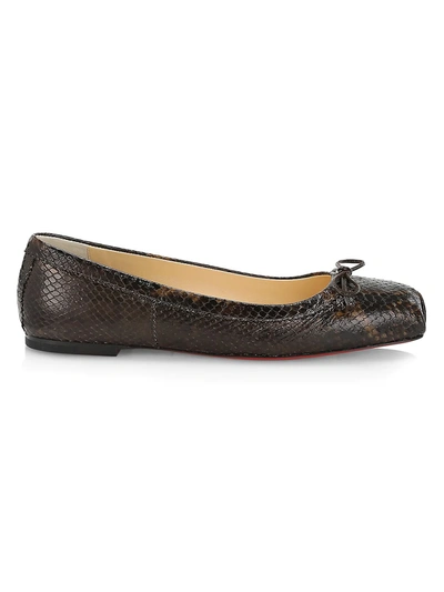 Shop Christian Louboutin Mamadrague Square-toe Snakeskin-embossed Leather Ballet Flats In Dark Brown