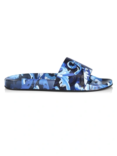 Shop Versace Men's Baroccoflage Slides In Blue Lapis