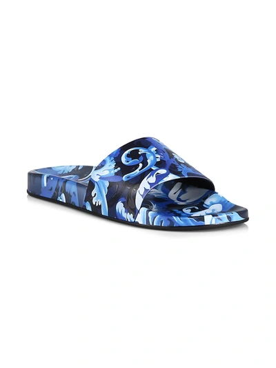 Shop Versace Men's Baroccoflage Slides In Blue Lapis