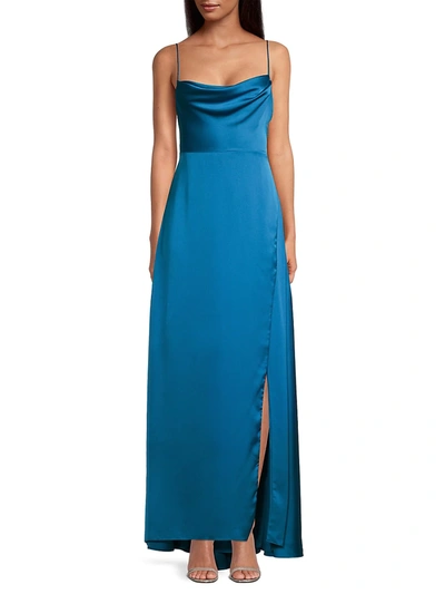 Shop Fame And Partners The Rosabel Cowlneck Spaghetti-strap Gown In Navy