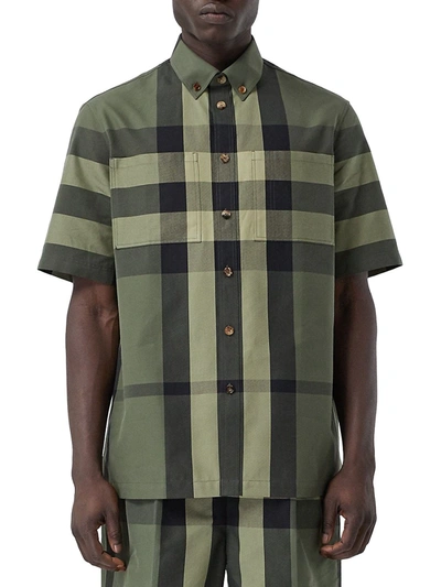 Shop Burberry Men's Short-sleeve Check Cotton Shirt In Military Green