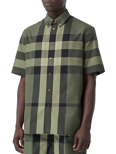 Shop Burberry Men's Short-sleeve Check Cotton Shirt In Military Green