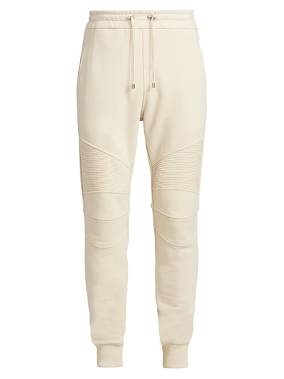 Shop Balmain Ribbed Cotton Sweatpants In Ivory Noir