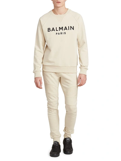 Shop Balmain Ribbed Cotton Sweatpants In Ivory Noir