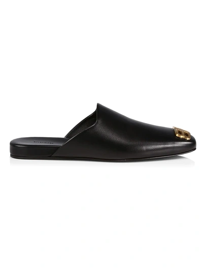 Cosy Bb-plaque Leather Backless Loafers In Black Cosy Bb-plaque Leather Backless Loafers In Black