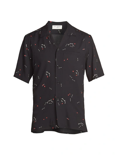 Shop Saint Laurent Cupid Print Shark Collar Button-down Shirt In Noir Rouge