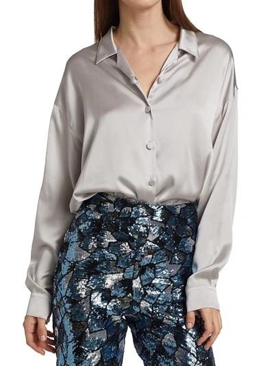 Shop Adriana Iglesias Silk Satin Village Blouse In Silver