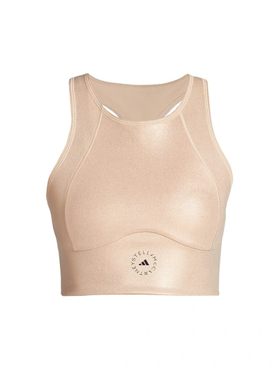 Shop Adidas By Stella Mccartney Shiny Recycled Cropped Bra Top In Copper Metallic