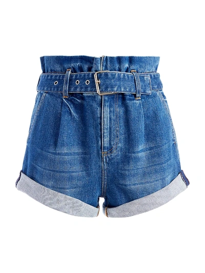 Shop Alice And Olivia Rosemary Paperbag Denim Shorts In Blue Skies