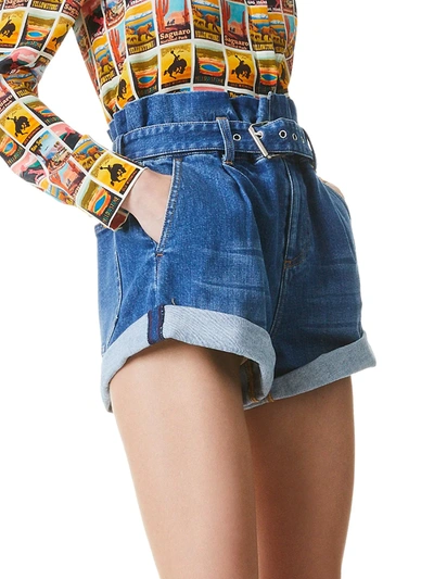 Shop Alice And Olivia Rosemary Paperbag Denim Shorts In Blue Skies