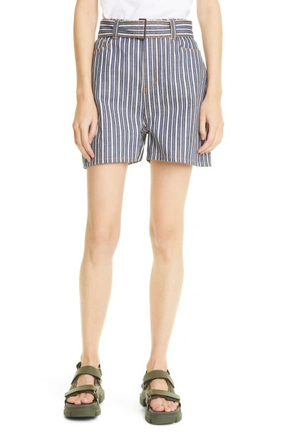 Shop Ganni Mixed Stripe Denim Shorts In Dark Indigo