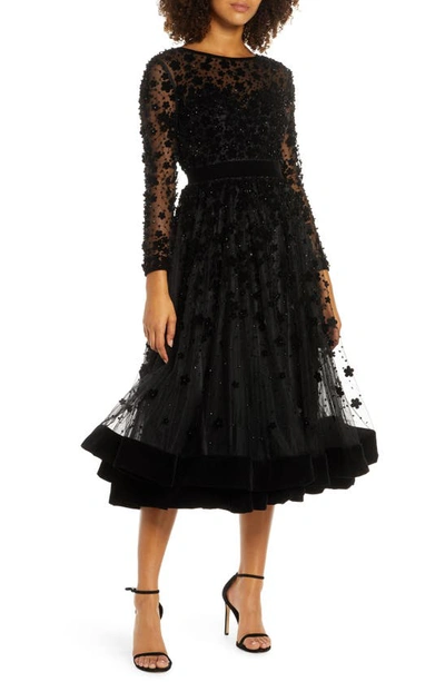 Shop Mac Duggal Long Sleeve Fit & Flare Velvet Embellished Cocktail Dress In Black