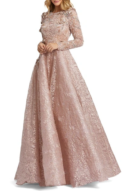 Shop Mac Duggal Floral Lace Long Sleeve A-line Gown In Mocha