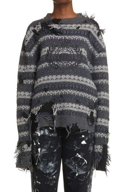 Shop Balenciaga Destroyed Fair Isle Wool Blend Sweater In Grey/ Multico