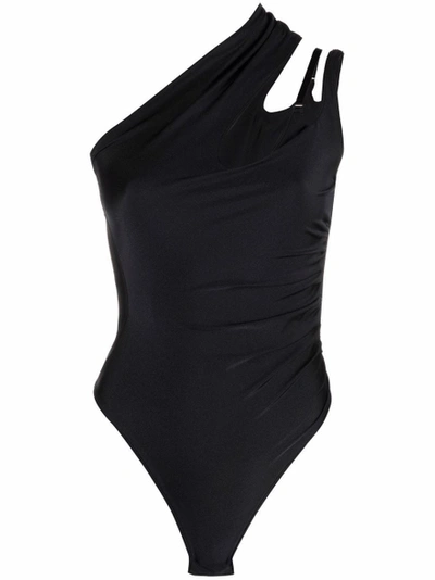Shop Mugler One-shoulder Asymmetric Bodysuit Black