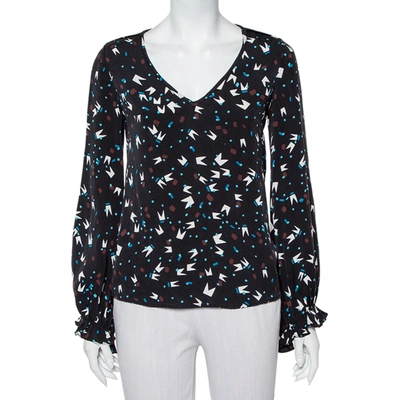 Pre-owned Diane Von Furstenberg Black Printed Silk Oversized Dickinson Top Xs