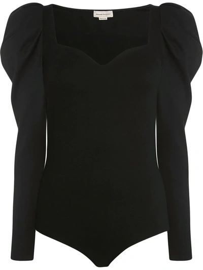 Shop Alexander Mcqueen Puff-sleeve Fitted Bodysuit In Black
