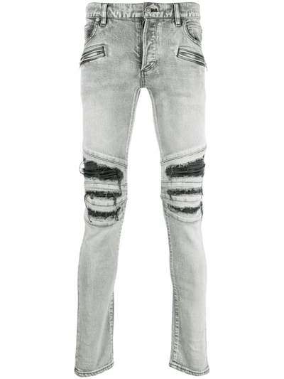 Shop Balmain Ripped Slim-cut Jeans In Grau