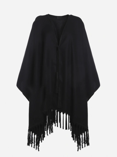 Shop Saint Laurent Cashmere Poncho With All-over Fringes In Black